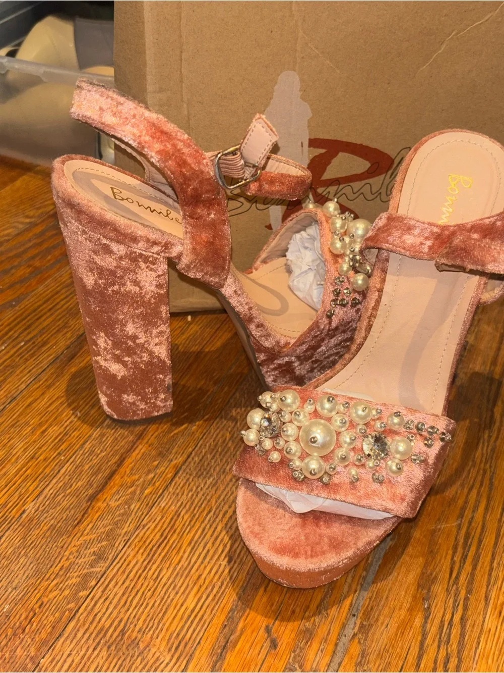 Bonnibel Rose Velvet Pearl & Crystal Block Heel Sandals